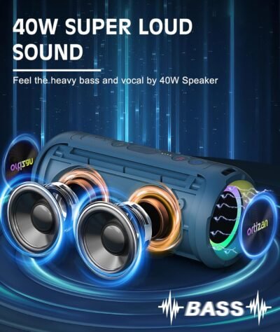 Ortizan Bluetooth Speaker, Portable with Big Audio, Wireless Stereo, 40W Deep Bass, RGB Light, BT5.3, Waterproof Shower Speakers for Outdoor/Beach/Home, Electronic Gift, Blue - Image 3