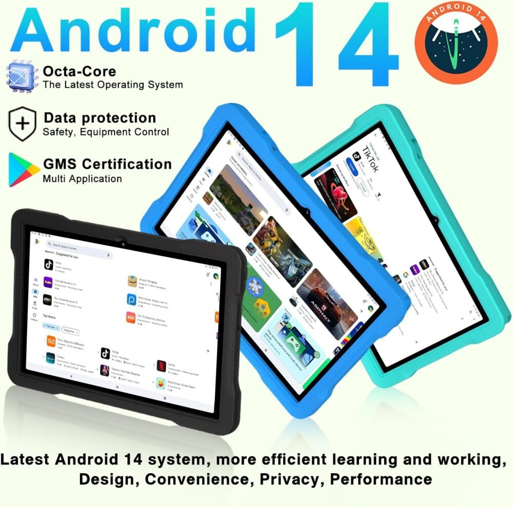 Kids Tablet Android 14, 10.1 inch Tablet for Kids, 20GB+128GB/1TB Expandable, Android Tablets with WiFi 6, Octa-Core, Parental Control, BT5.0, 360° EVA Case - Blue - Image 4