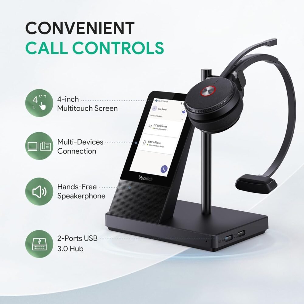 Yealink WH66 Wireless Headset with 4" Screen, DECT & Bluetooth Headset for Teams, Zoom Skype Certified, 525ft Range,Speaker, 13h Call Time, Office Work Headphone for Desk Phone, PC, Cellphone - Image 4