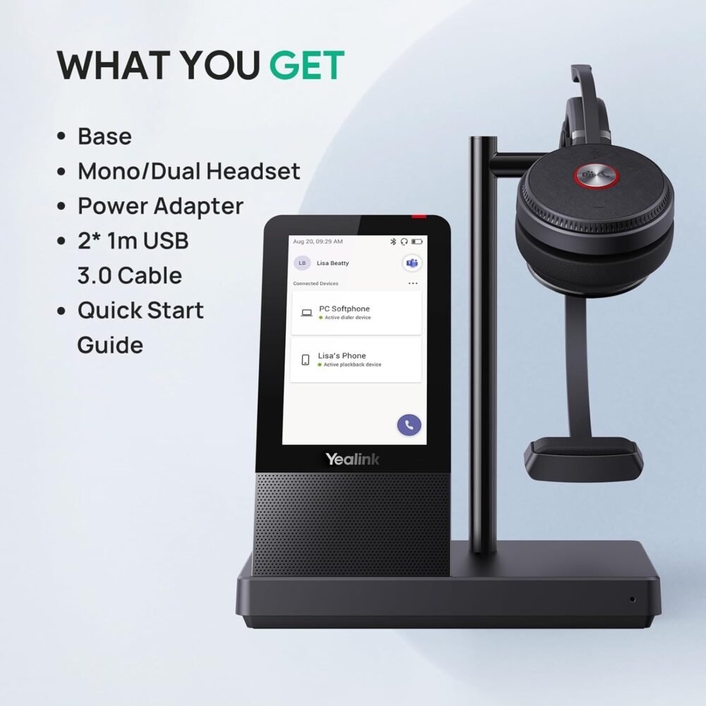 Yealink WH66 Wireless Headset with 4" Screen, DECT & Bluetooth Headset for Teams, Zoom Skype Certified, 525ft Range,Speaker, 13h Call Time, Office Work Headphone for Desk Phone, PC, Cellphone - Image 9