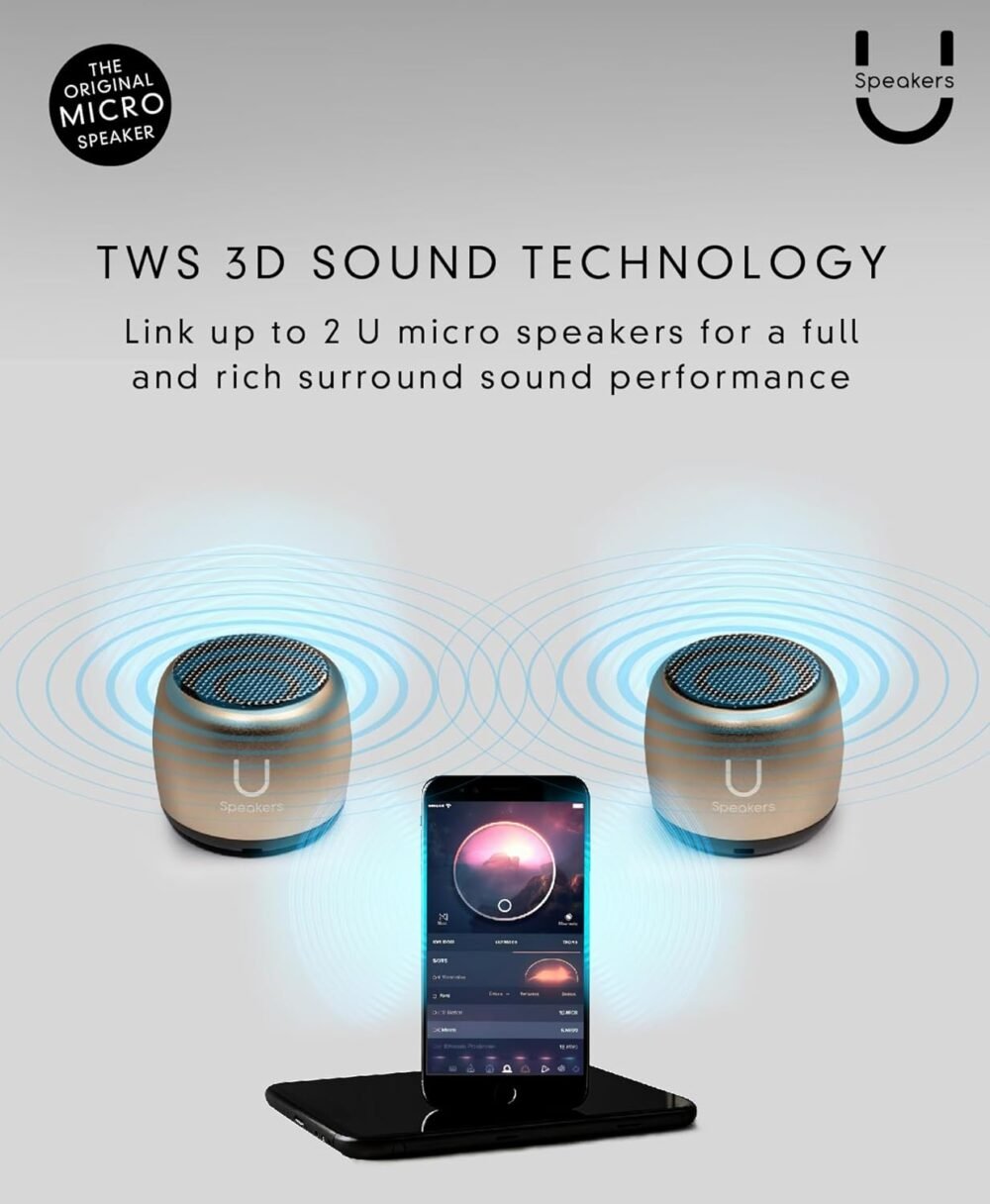 U Micro Speaker | Stylish Portable Wireless Bluetooth 5.0 with Built-in Mic & Remote Shutter | Perfect Little Speaker for Home, Parties, Travel! Small Device, Rich Sound | Gold - Image 3