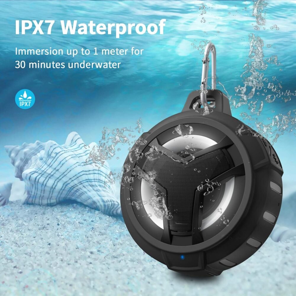 EBODA Bluetooth Shower Speaker, Portable Bluetooth Speakers, IP67 Waterproof Wireless Speaker with LED Light, Floating, 2000mAh, True Wireless Stereo for Kayak, Beach, Gifts for unisex -Black - Image 3