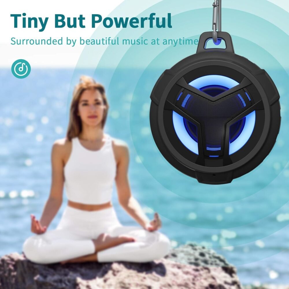 EBODA Bluetooth Shower Speaker, Portable Bluetooth Speakers, IP67 Waterproof Wireless Speaker with LED Light, Floating, 2000mAh, True Wireless Stereo for Kayak, Beach, Gifts for unisex -Black - Image 4