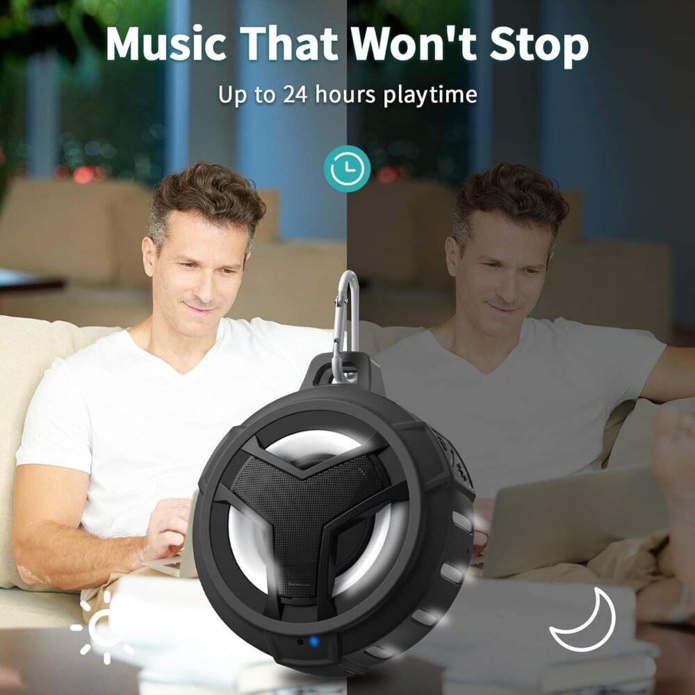 EBODA Bluetooth Shower Speaker, Portable Bluetooth Speakers, IP67 Waterproof Wireless Speaker with LED Light, Floating, 2000mAh, True Wireless Stereo for Kayak, Beach, Gifts for unisex -Black - Image 6