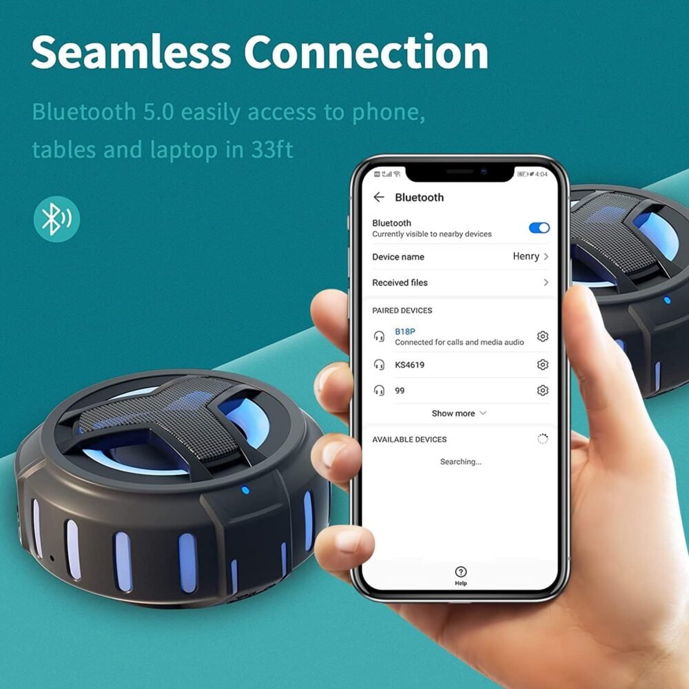 EBODA Bluetooth Shower Speaker, Portable Bluetooth Speakers, IP67 Waterproof Wireless Speaker with LED Light, Floating, 2000mAh, True Wireless Stereo for Kayak, Beach, Gifts for unisex -Black - Image 7