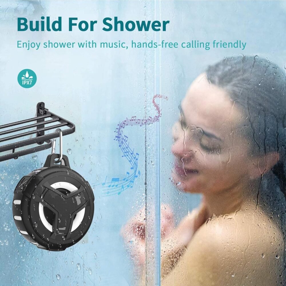 EBODA Bluetooth Shower Speaker, Portable Bluetooth Speakers, IP67 Waterproof Wireless Speaker with LED Light, Floating, 2000mAh, True Wireless Stereo for Kayak, Beach, Gifts for unisex -Black - Image 9