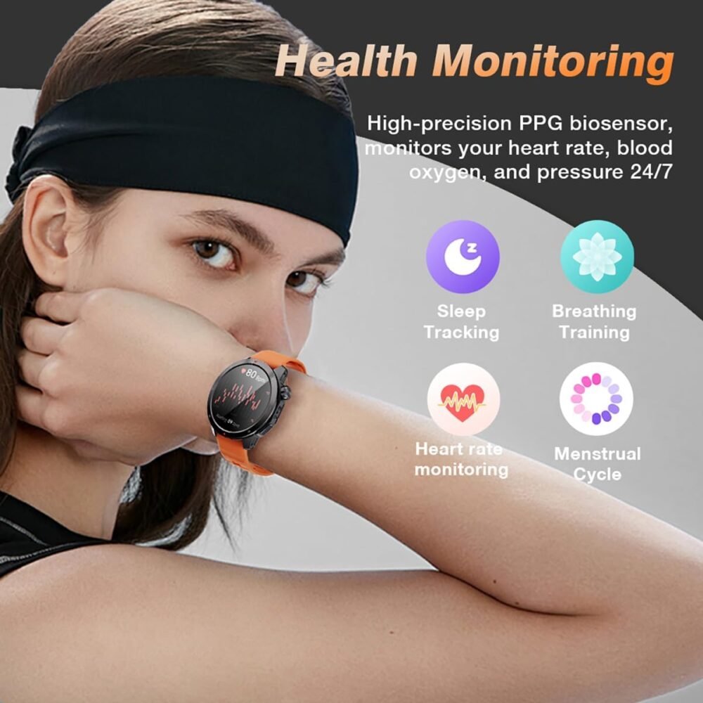GPS Smart Watch for Men, 1.43'' AMOLED Smartwatch with Compass/Barometer/Altimeter, Heart Rate/Sleep Monitor, 30M Waterproof, 60+ Sports Fitness Tracker for Android/iOS, Gray & Orange (2 Bands) - Image 7