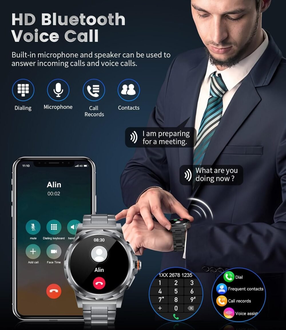 Military Smart Watch for Men(Answer/Dial Calls),1.46'' AMOLED Touchscreen/5ATM Waterproof/120+ Sports Modes Fitness Watch with Blood Pressure/Heart Rate/SpO2/Pedometer for Android iOS Smartwatch Black - Image 3