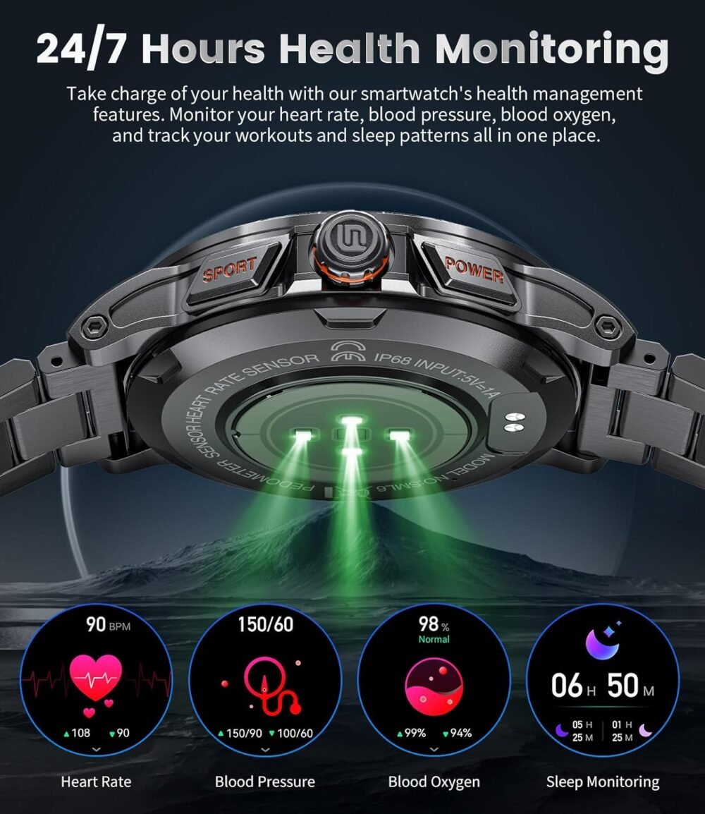 Military Smart Watch for Men(Answer/Dial Calls),1.46'' AMOLED Touchscreen/5ATM Waterproof/120+ Sports Modes Fitness Watch with Blood Pressure/Heart Rate/SpO2/Pedometer for Android iOS Smartwatch Black - Image 4