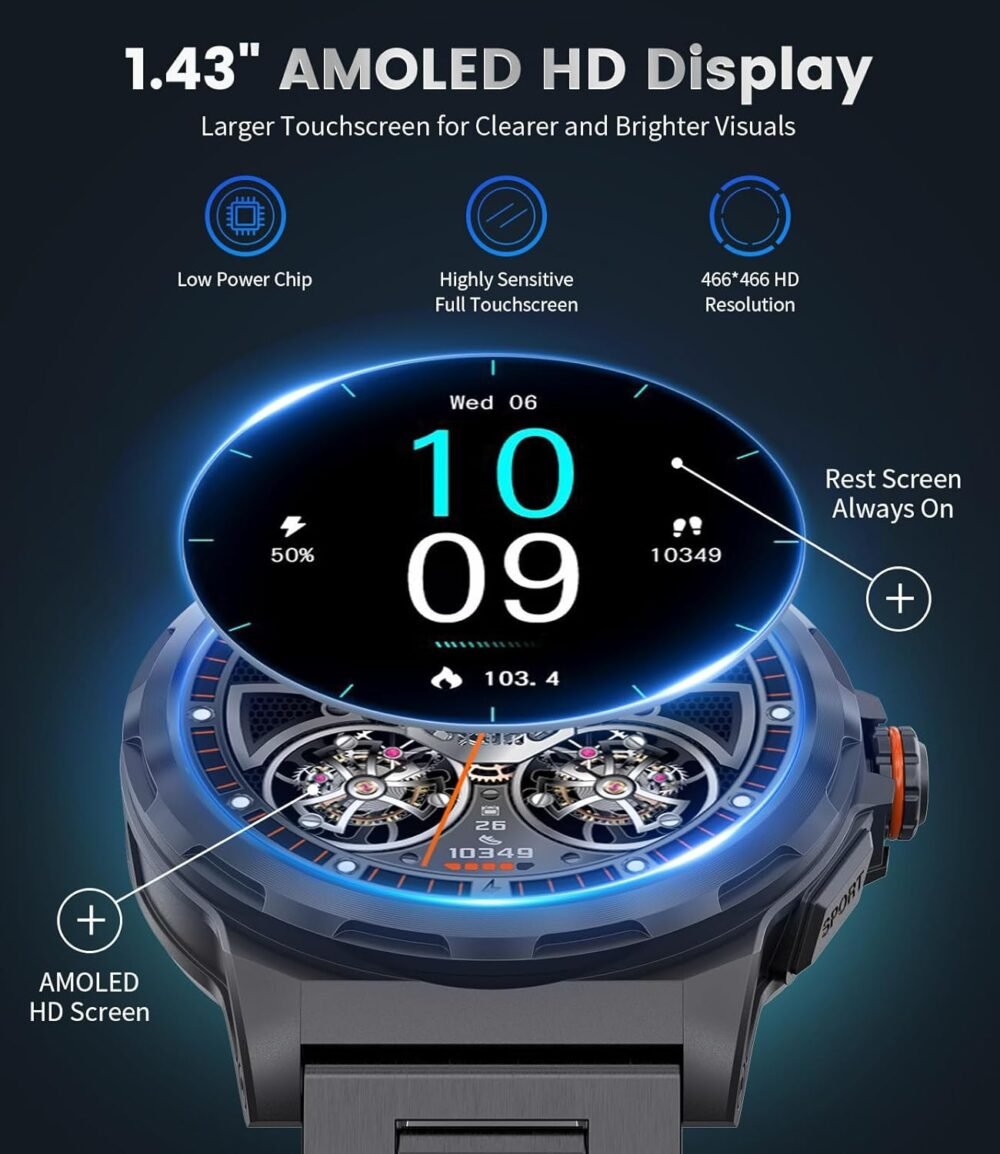 Military Smart Watch for Men(Answer/Dial Calls),1.46'' AMOLED Touchscreen/5ATM Waterproof/120+ Sports Modes Fitness Watch with Blood Pressure/Heart Rate/SpO2/Pedometer for Android iOS Smartwatch Black - Image 5