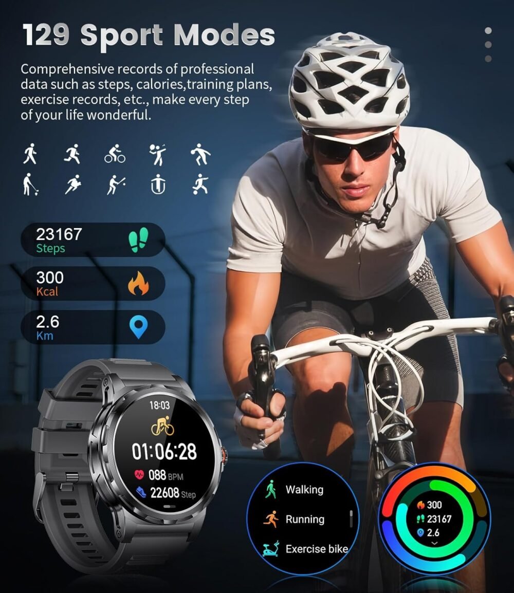Military Smart Watch for Men(Answer/Dial Calls),1.46'' AMOLED Touchscreen/5ATM Waterproof/120+ Sports Modes Fitness Watch with Blood Pressure/Heart Rate/SpO2/Pedometer for Android iOS Smartwatch Black - Image 7