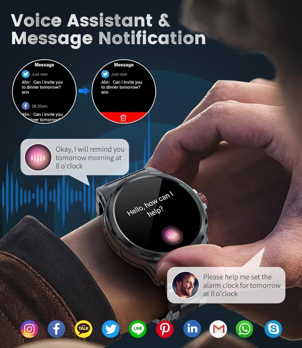 Military Smart Watch for Men(Answer/Dial Calls),1.46'' AMOLED Touchscreen/5ATM Waterproof/120+ Sports Modes Fitness Watch with Blood Pressure/Heart Rate/SpO2/Pedometer for Android iOS Smartwatch Black - Image 8