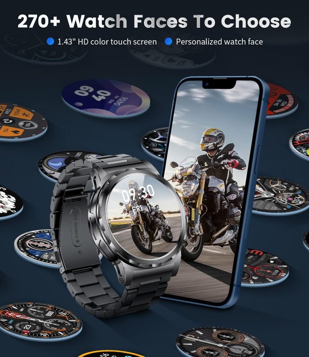 Military Smart Watch for Men(Answer/Dial Calls),1.46'' AMOLED Touchscreen/5ATM Waterproof/120+ Sports Modes Fitness Watch with Blood Pressure/Heart Rate/SpO2/Pedometer for Android iOS Smartwatch Black - Image 9