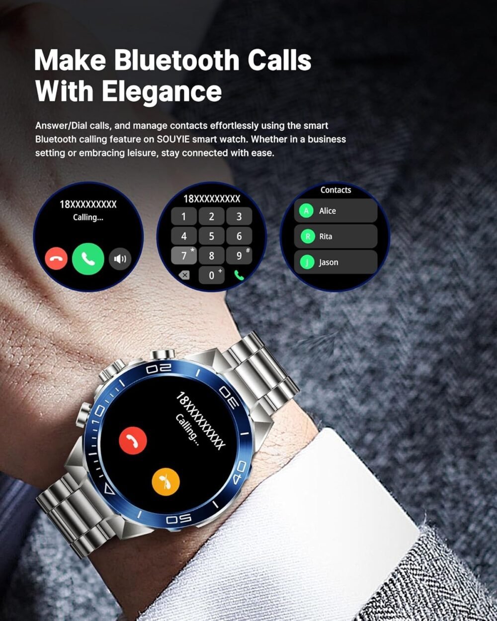 Smart Watch for Men (Answer/Make Call),1.43''AMOLED Screen with 24 Hours Healthy Monitor, 100+ Sports Modes Fitness Tracker Watch, 400mAh Battery Pedometer Calorie Smartwatch Compatible Android iOS - Image 3
