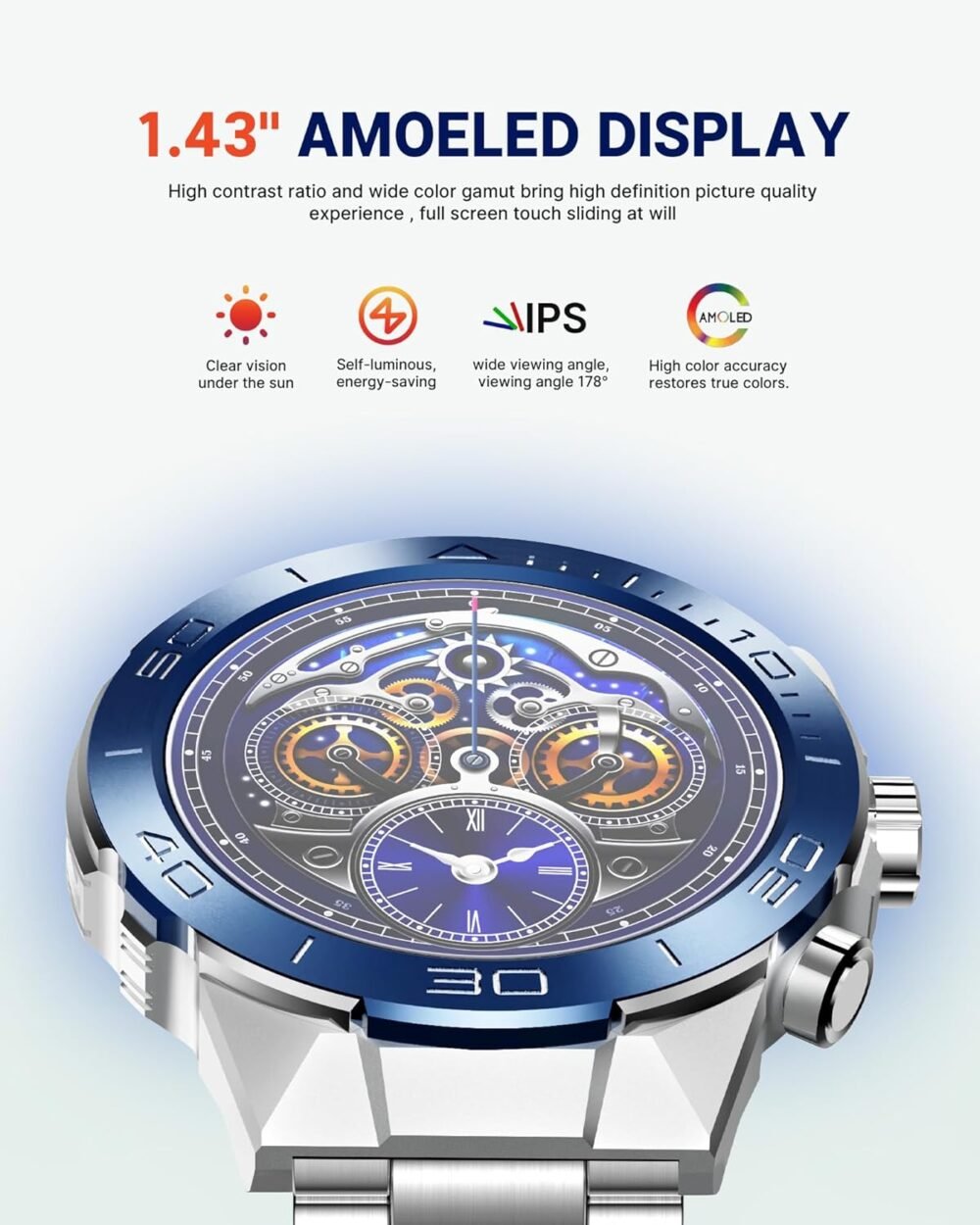 Smart Watch for Men (Answer/Make Call),1.43''AMOLED Screen with 24 Hours Healthy Monitor, 100+ Sports Modes Fitness Tracker Watch, 400mAh Battery Pedometer Calorie Smartwatch Compatible Android iOS - Image 5