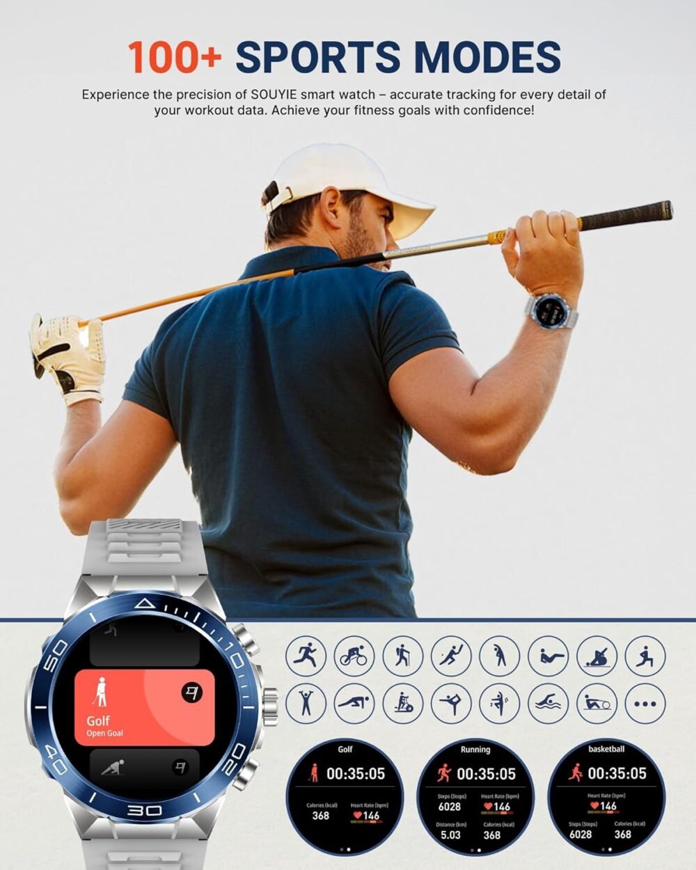 Smart Watch for Men (Answer/Make Call),1.43''AMOLED Screen with 24 Hours Healthy Monitor, 100+ Sports Modes Fitness Tracker Watch, 400mAh Battery Pedometer Calorie Smartwatch Compatible Android iOS - Image 6