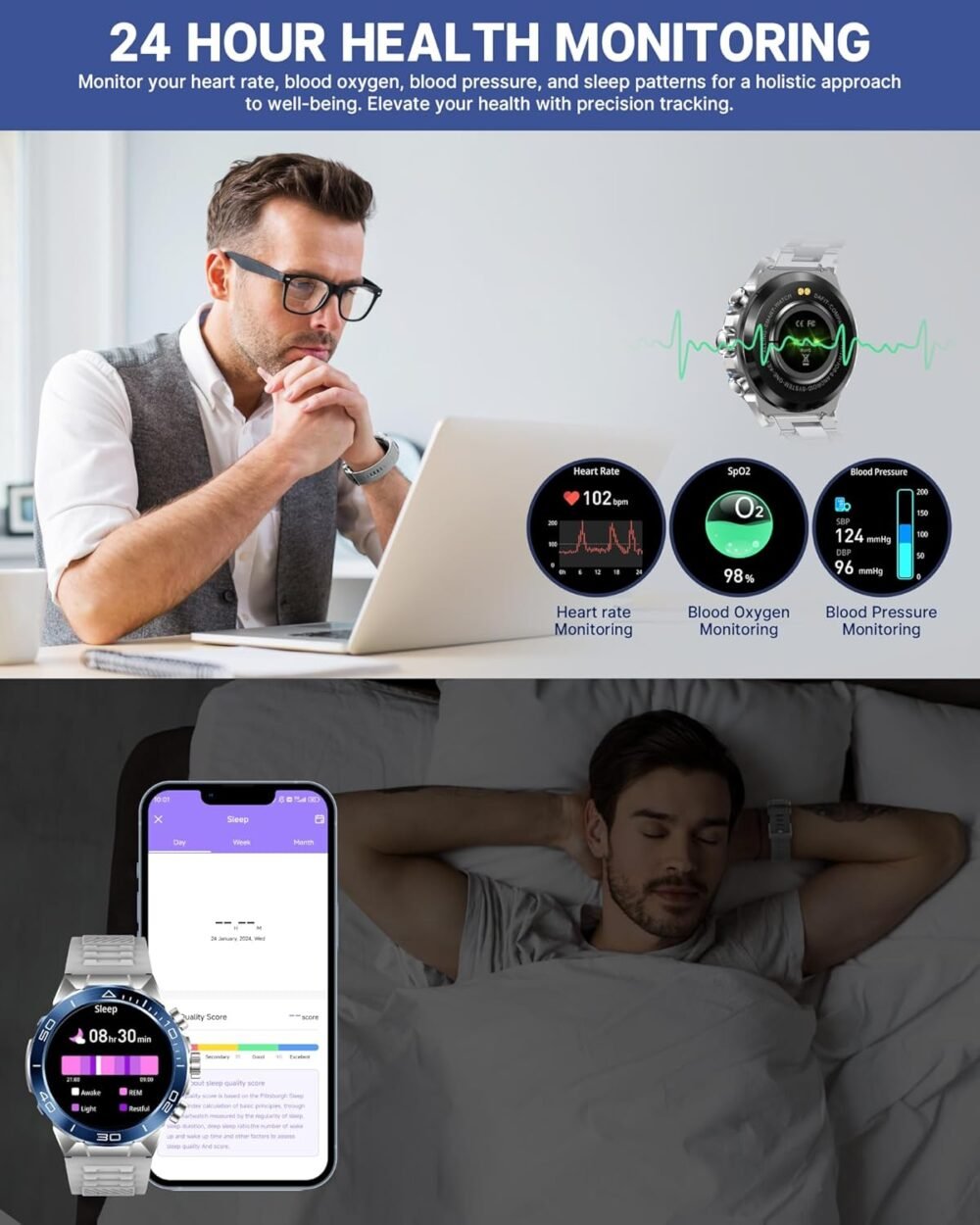 Smart Watch for Men (Answer/Make Call),1.43''AMOLED Screen with 24 Hours Healthy Monitor, 100+ Sports Modes Fitness Tracker Watch, 400mAh Battery Pedometer Calorie Smartwatch Compatible Android iOS - Image 7
