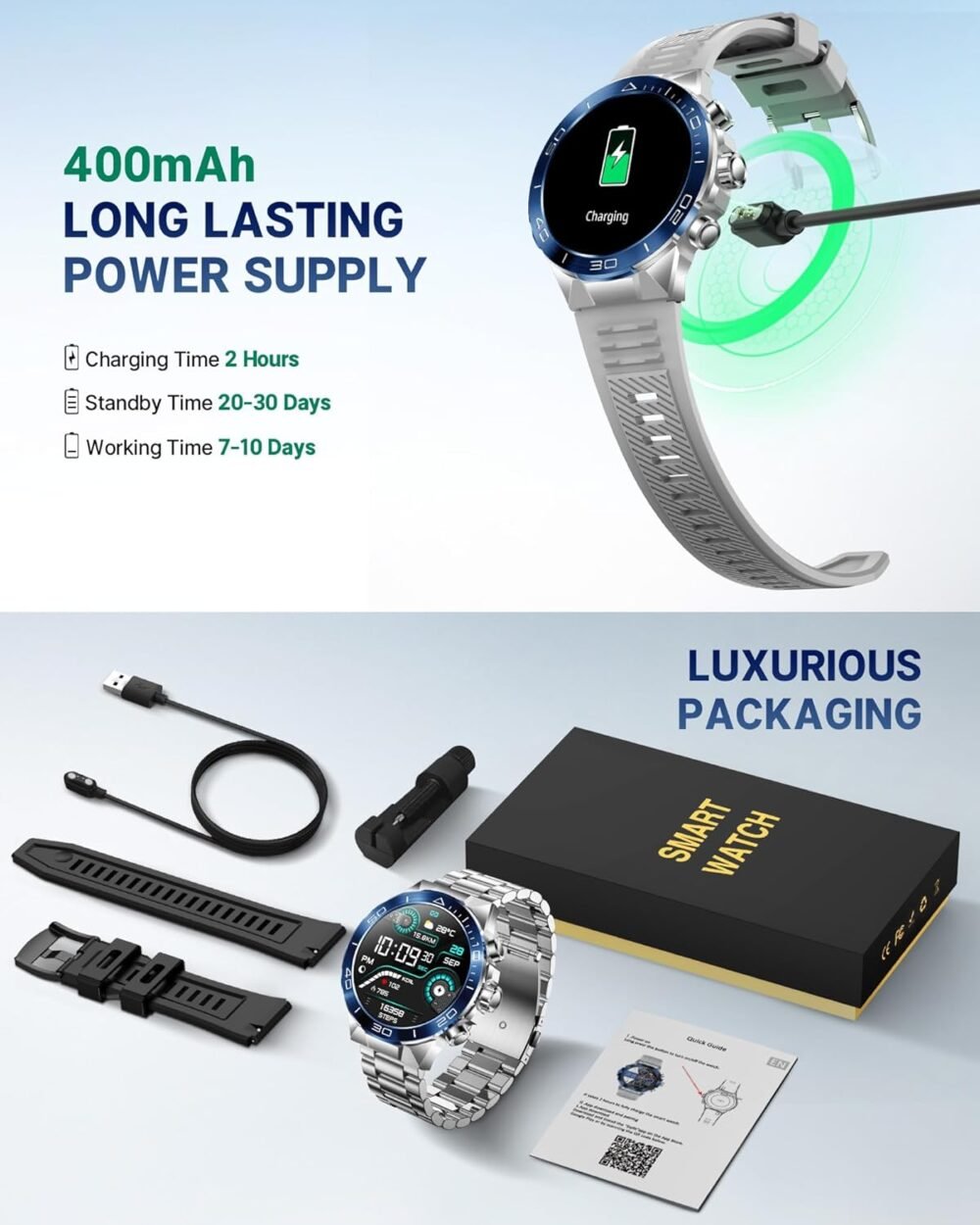 Smart Watch for Men (Answer/Make Call),1.43''AMOLED Screen with 24 Hours Healthy Monitor, 100+ Sports Modes Fitness Tracker Watch, 400mAh Battery Pedometer Calorie Smartwatch Compatible Android iOS - Image 10