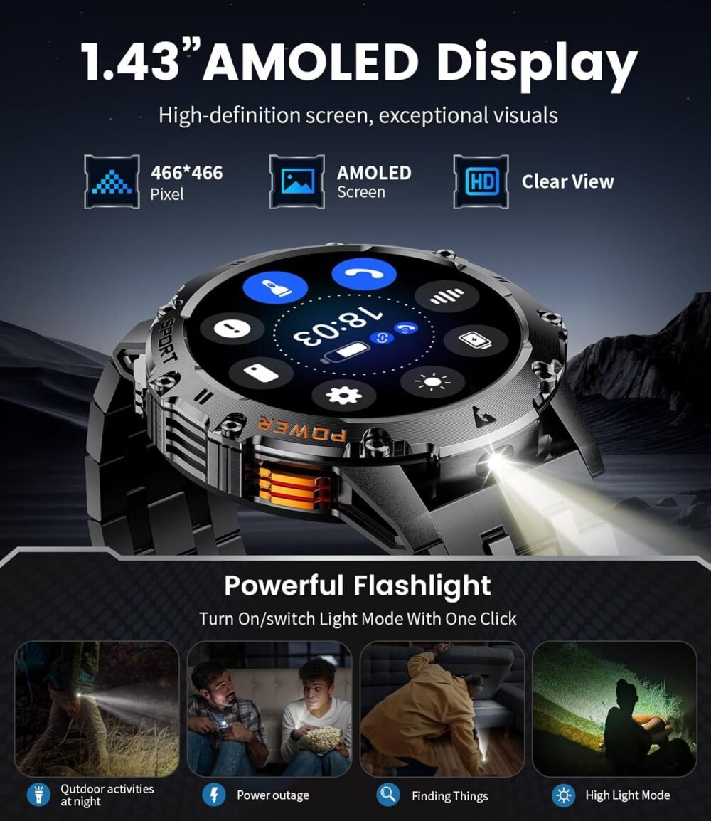 Military Smart Watch for Men with Flashlight/5ATM Waterproof,1.43'' AMOLED Tactical Smartwatch with 500mAh Battery,110+ Sport Modes Fitness Tracker Smart Watch for Android iOS (Answer/Make Call) - Image 4