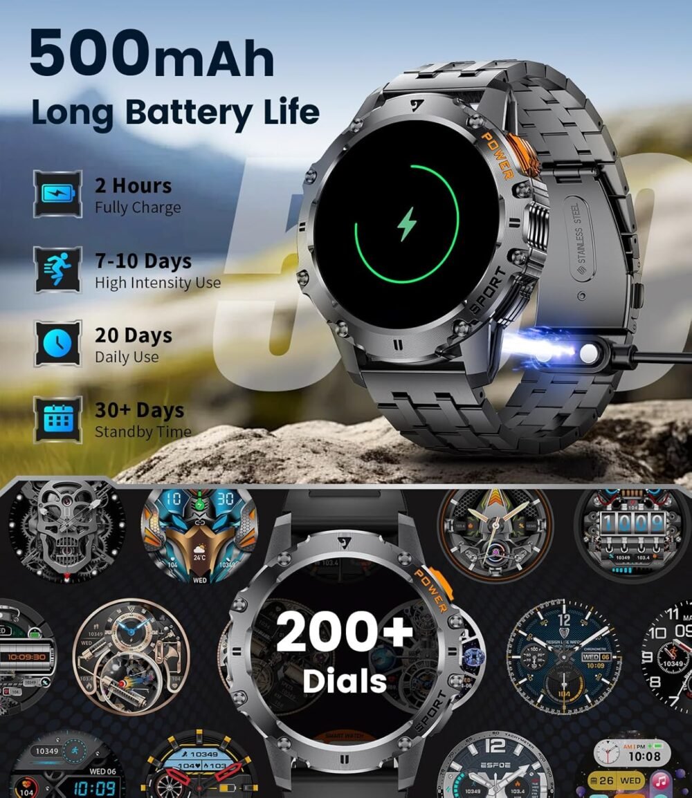 Military Smart Watch for Men with Flashlight/5ATM Waterproof,1.43'' AMOLED Tactical Smartwatch with 500mAh Battery,110+ Sport Modes Fitness Tracker Smart Watch for Android iOS (Answer/Make Call) - Image 5