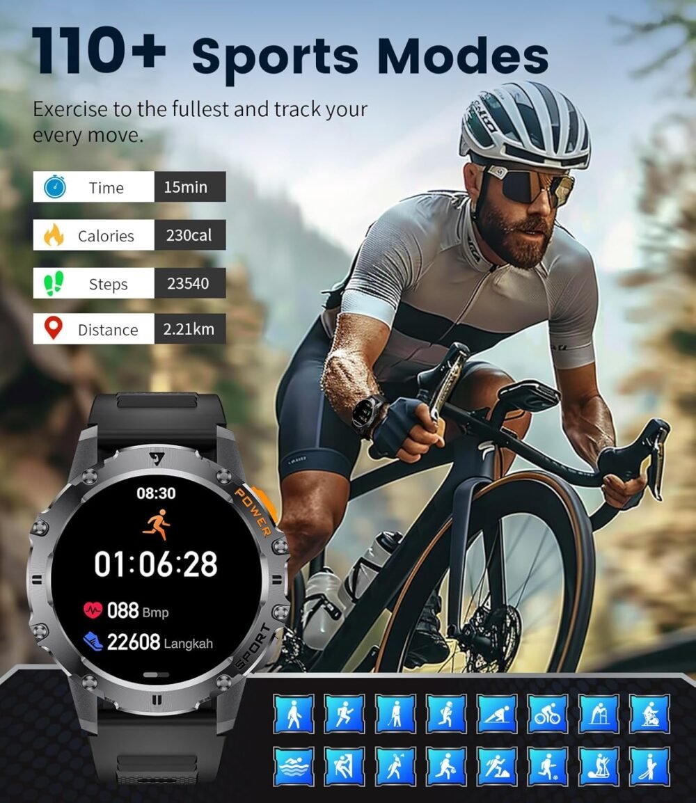 Military Smart Watch for Men with Flashlight/5ATM Waterproof,1.43'' AMOLED Tactical Smartwatch with 500mAh Battery,110+ Sport Modes Fitness Tracker Smart Watch for Android iOS (Answer/Make Call) - Image 8