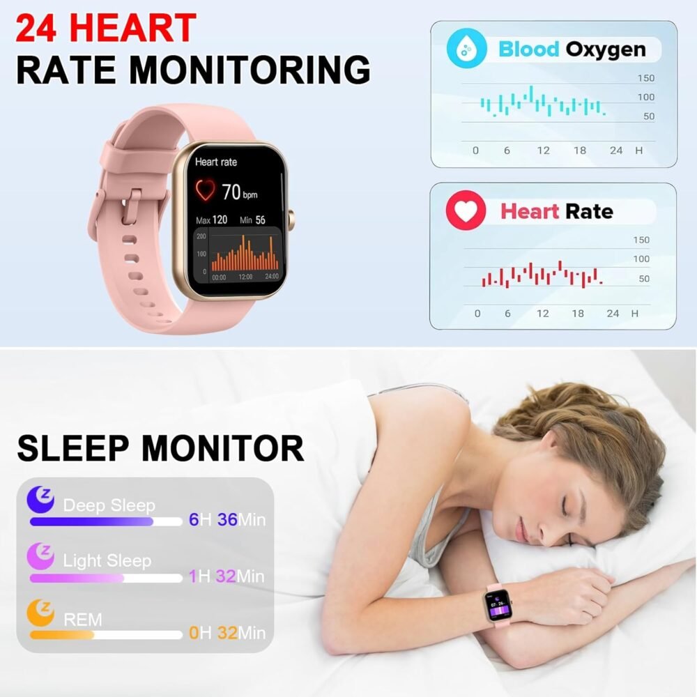 Smart Watch (Answer/Make Calls), 1.96"HD Smartwatch for Women Men, 2025 Activity Tracker with Heart Rate Monitor, Sleep Trackers, Pedometer,SpO2, IP68 Waterproof, Fitness Watch for Android iOS Pink - Image 4