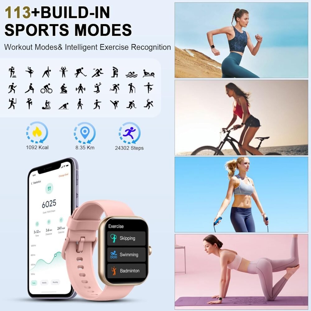 Smart Watch (Answer/Make Calls), 1.96"HD Smartwatch for Women Men, 2025 Activity Tracker with Heart Rate Monitor, Sleep Trackers, Pedometer,SpO2, IP68 Waterproof, Fitness Watch for Android iOS Pink - Image 5