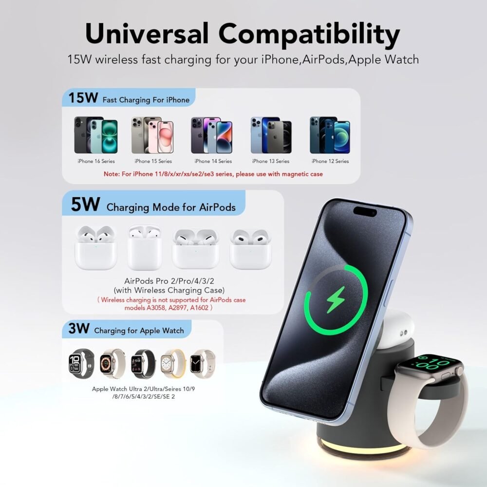 HATALKIN 4 in 1 Wireless Charging Station for Multiple Devices Apple, MagSafe Charger Stand with Warm Night Light for iPhone 16 15 14 13 12 13 12 Plus/Pro/Pro Max/Plus/,iWatch10 9 8 7 SE 6/Ultra - Image 5
