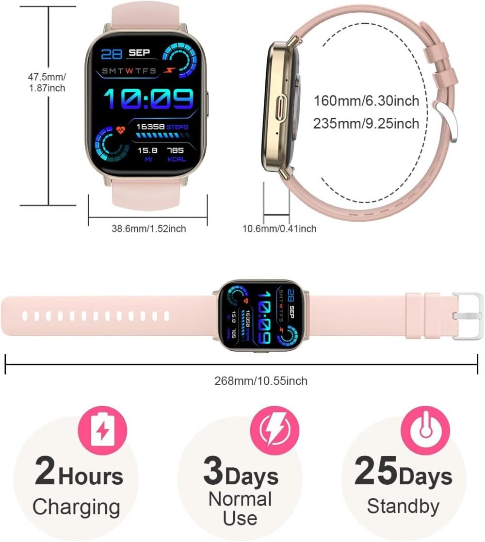 Smart Watch, 2.01” HD Smart Watches for Women, Fitness Tracker Watch with Blood Pressure/Heart Rate/Sleep Monitor, Bluetooth 5.2 Smartwatch for Android/iOS Phones, IP67 Waterproof Sport Watch (Pink) - Image 8