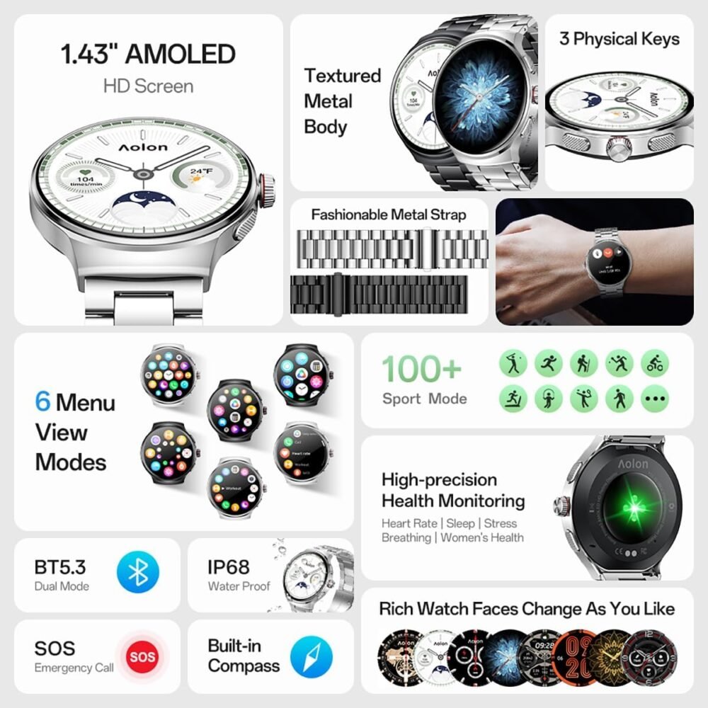 Smart Watch for Men (Answer/Make Calls), 1.43'' AMOLED Screen, 100+ Sports Modes Fitness Tracker, IP68 Waterproof, Heart Rate/SpO2/Health Monitor for Android/iOS, Stainless Steel Band, Silver - Image 3