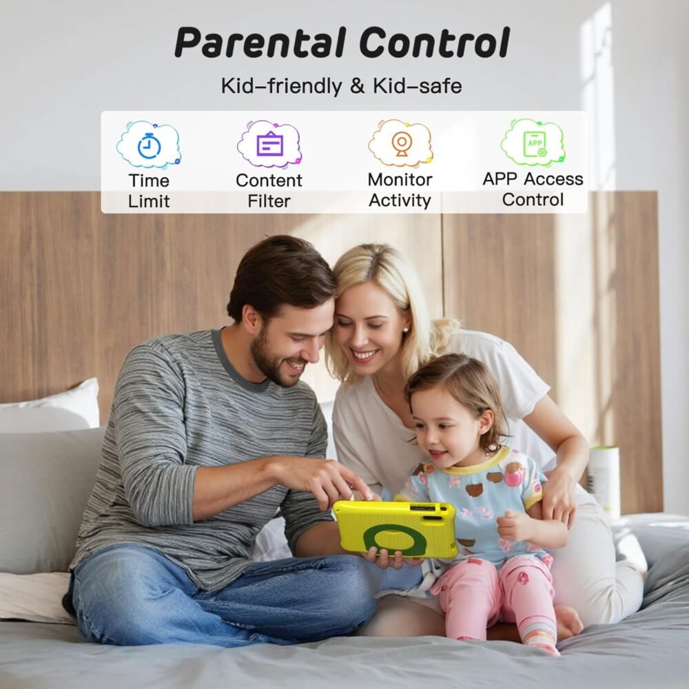 Kids Tablet 8 Inch Android 15, Octa-Core 12GB RAM + 64GB ROM, Toddler Tablet with WiFi 6, Parental Control, Pre-Installed Kids Space, EVA Case, Anti-Glare Screen Protector, Adjustable Strap, Yellow - Image 5