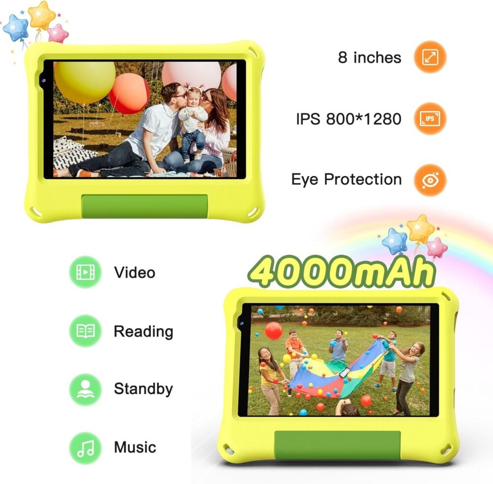 Kids Tablet 8 Inch Android 15, Octa-Core 12GB RAM + 64GB ROM, Toddler Tablet with WiFi 6, Parental Control, Pre-Installed Kids Space, EVA Case, Anti-Glare Screen Protector, Adjustable Strap, Yellow - Image 7