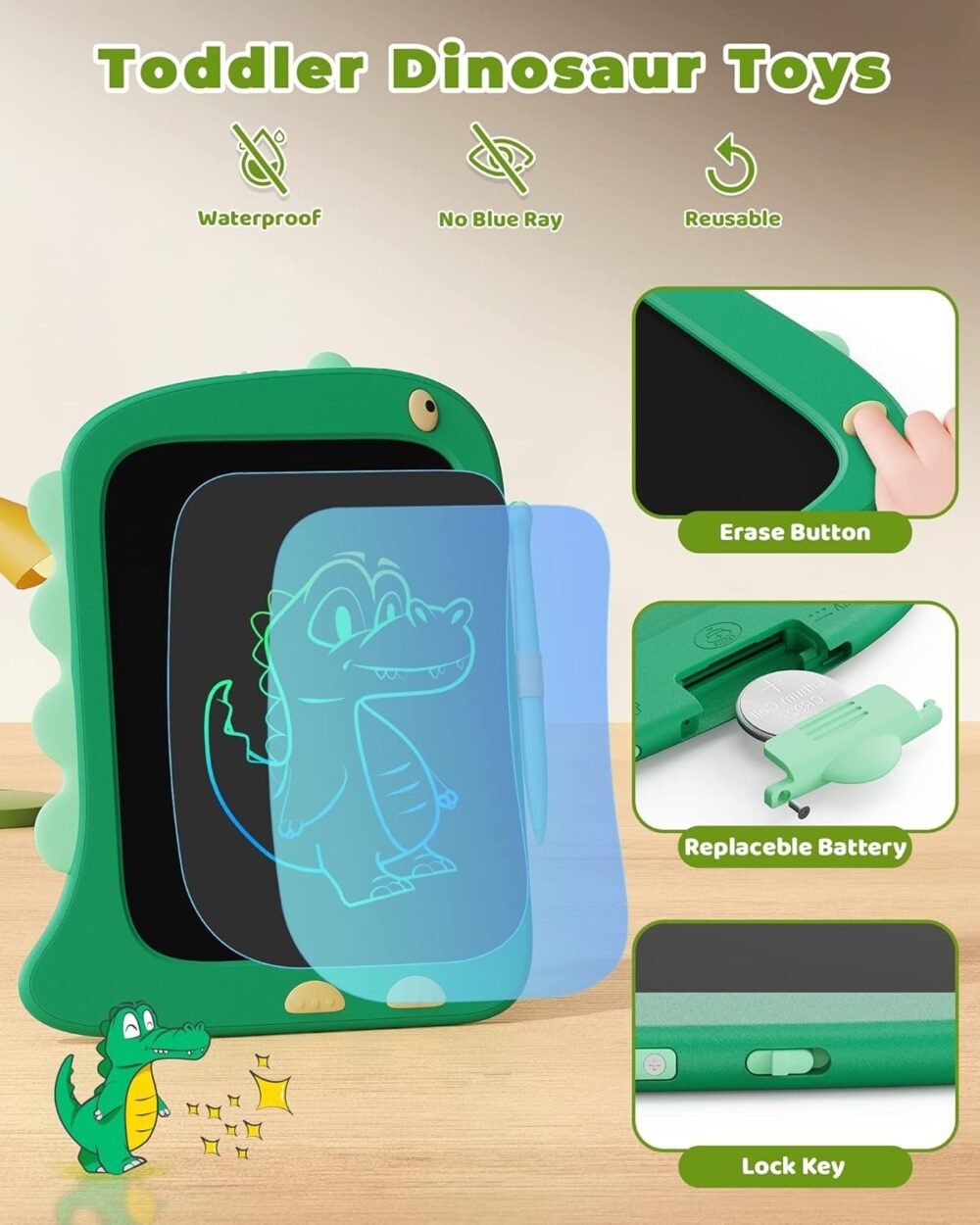 KOKODI LCD Writing Tablet Doodle Board, 3 4 5 6 Year Old Boys Toys Gifts, 8.5 Inch Drawing Pad Airplane Travel Road Trip Essentials, Dinosaur Toddler Kids Games Birthday Christmas Stocking Stuffers - Image 5