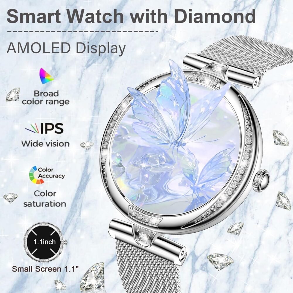GADIXY Smart Watches for Women(Make/Answer Call) with Diamond:1.1" AMOLED Small Screen Fitness Tracker for HR/BP/SpO2/Sleep Monitor,Digital Running Smartwatch for Android/iOS (Silver) - Image 3