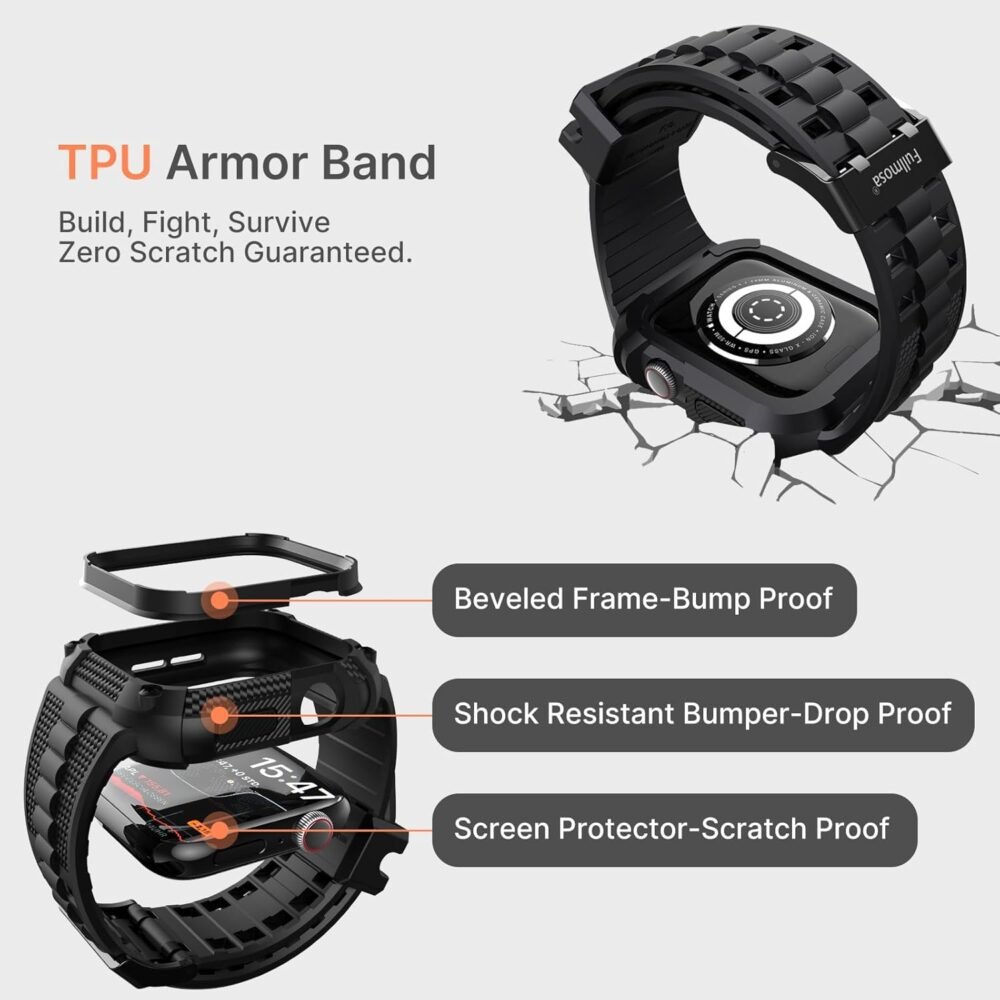 Fullmosa Compatible with Apple Watch Bands 45mm 44mm Series 9/8/7/6/5/4/SE2/SE, TPU Rugged iWatch Strap Military Grade Shockproof Bumper Case with Screen Protector for Men Women (44mm, Black) - Image 3