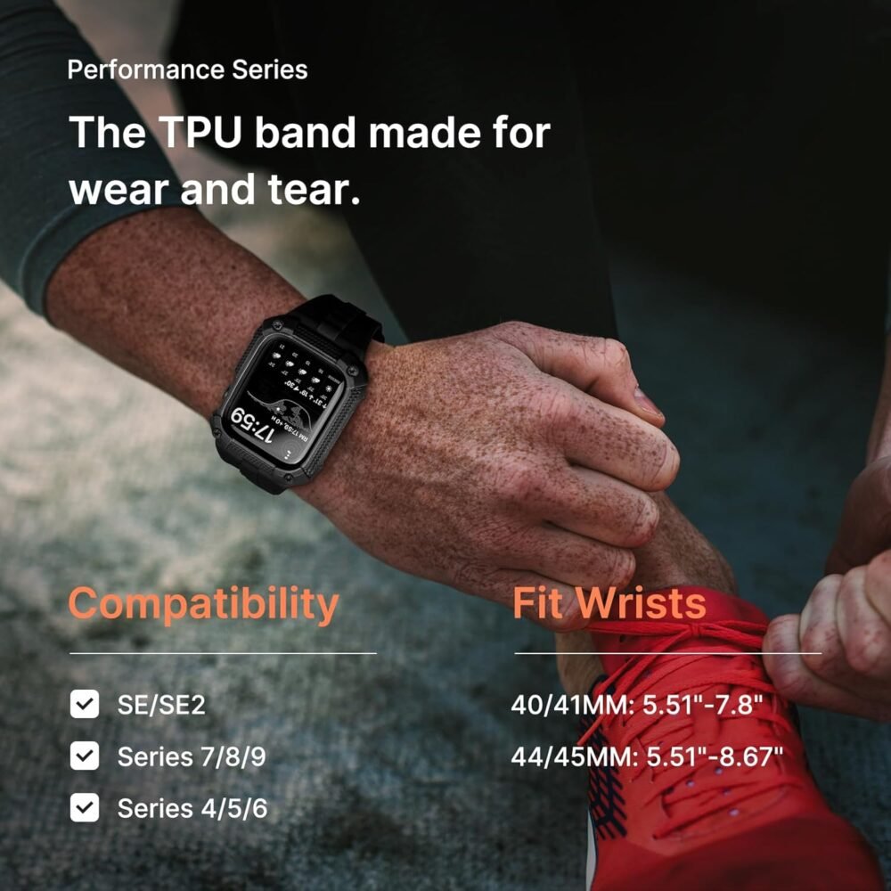 Fullmosa Compatible with Apple Watch Bands 45mm 44mm Series 9/8/7/6/5/4/SE2/SE, TPU Rugged iWatch Strap Military Grade Shockproof Bumper Case with Screen Protector for Men Women (44mm, Black) - Image 4