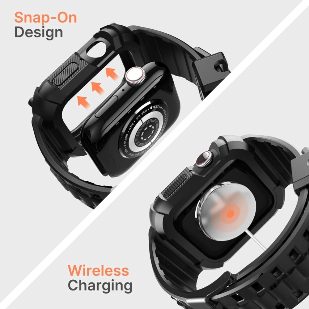Fullmosa Compatible with Apple Watch Bands 45mm 44mm Series 9/8/7/6/5/4/SE2/SE, TPU Rugged iWatch Strap Military Grade Shockproof Bumper Case with Screen Protector for Men Women (44mm, Black) - Image 6