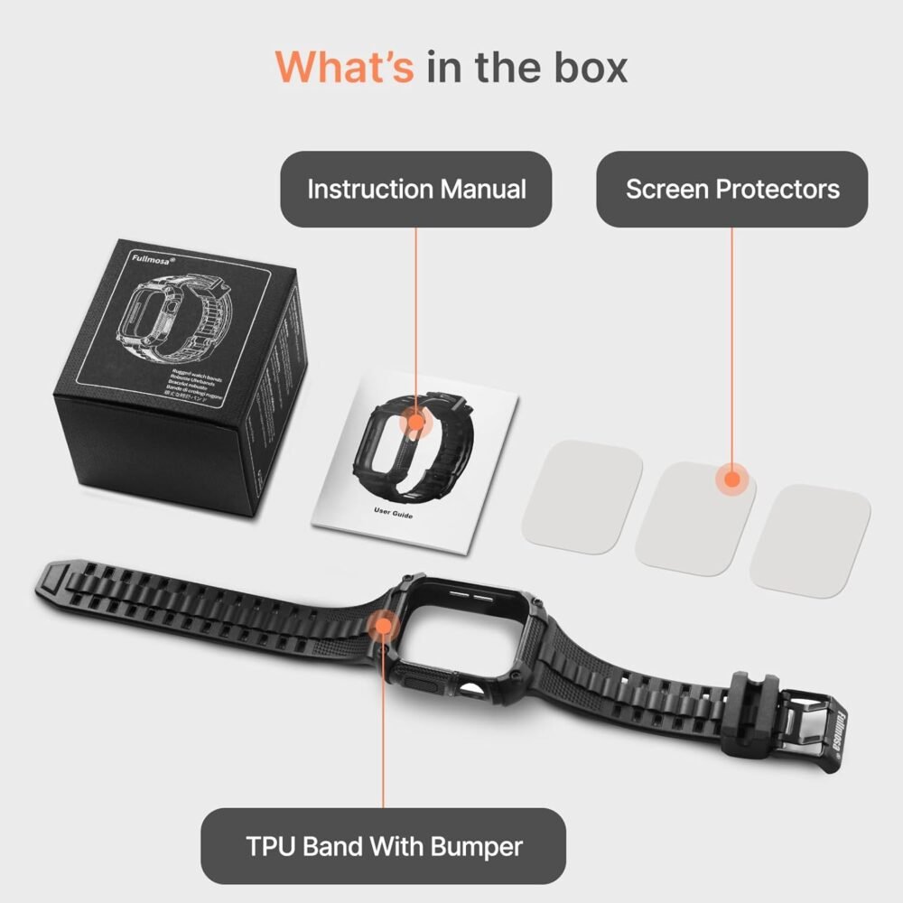 Fullmosa Compatible with Apple Watch Bands 45mm 44mm Series 9/8/7/6/5/4/SE2/SE, TPU Rugged iWatch Strap Military Grade Shockproof Bumper Case with Screen Protector for Men Women (44mm, Black) - Image 7