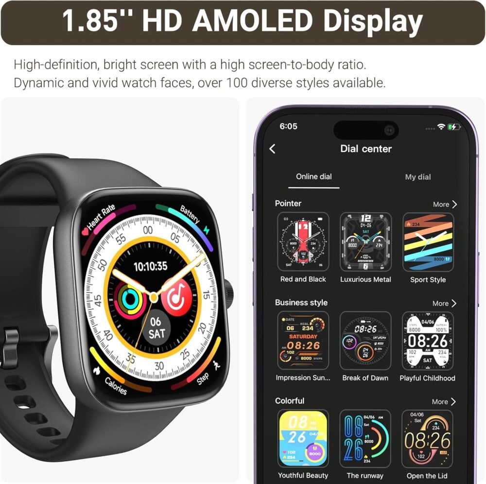 TOZO AMOLED S7 Smart Watch Bluetooth Call 1.85 Inch Ultra HD Screen,Dynamic Dials Messages Push 100+ Sports Modes,Detect Human Health Sleep Monitor with High Battery Life,Touch Function - Image 7