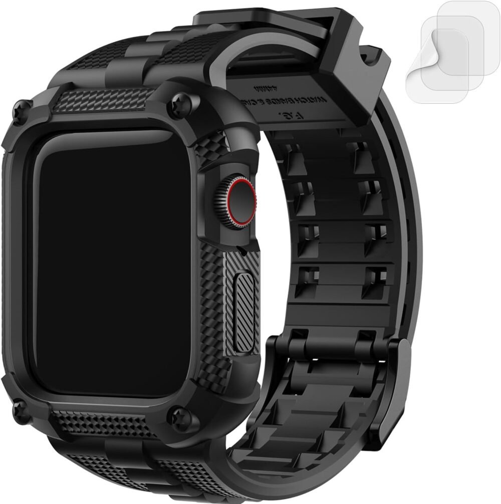 Fullmosa Compatible with Apple Watch Bands 45mm 44mm Series 9/8/7/6/5/4/SE2/SE, TPU Rugged iWatch Strap Military Grade Shockproof Bumper Case with Screen Protector for Men Women (44mm, Black) - Image 2