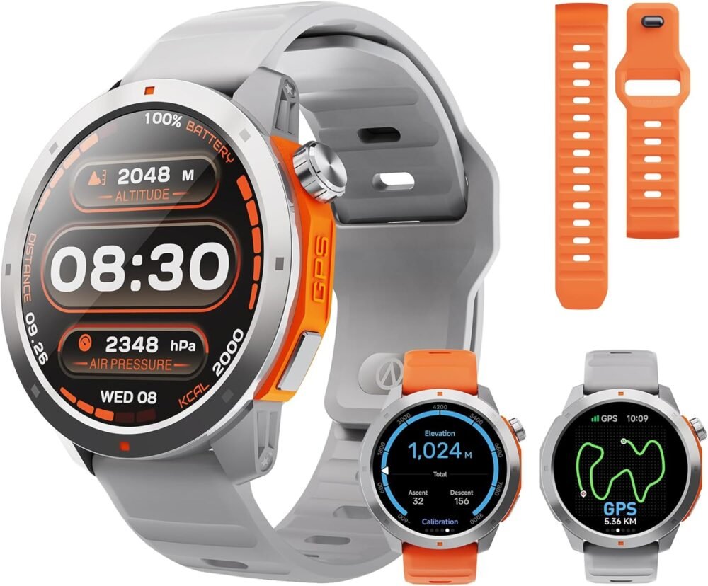 GPS Smart Watch for Men, 1.43'' AMOLED Smartwatch with Compass/Barometer/Altimeter, Heart Rate/Sleep Monitor, 30M Waterproof, 60+ Sports Fitness Tracker for Android/iOS, Gray & Orange (2 Bands) - Image 2