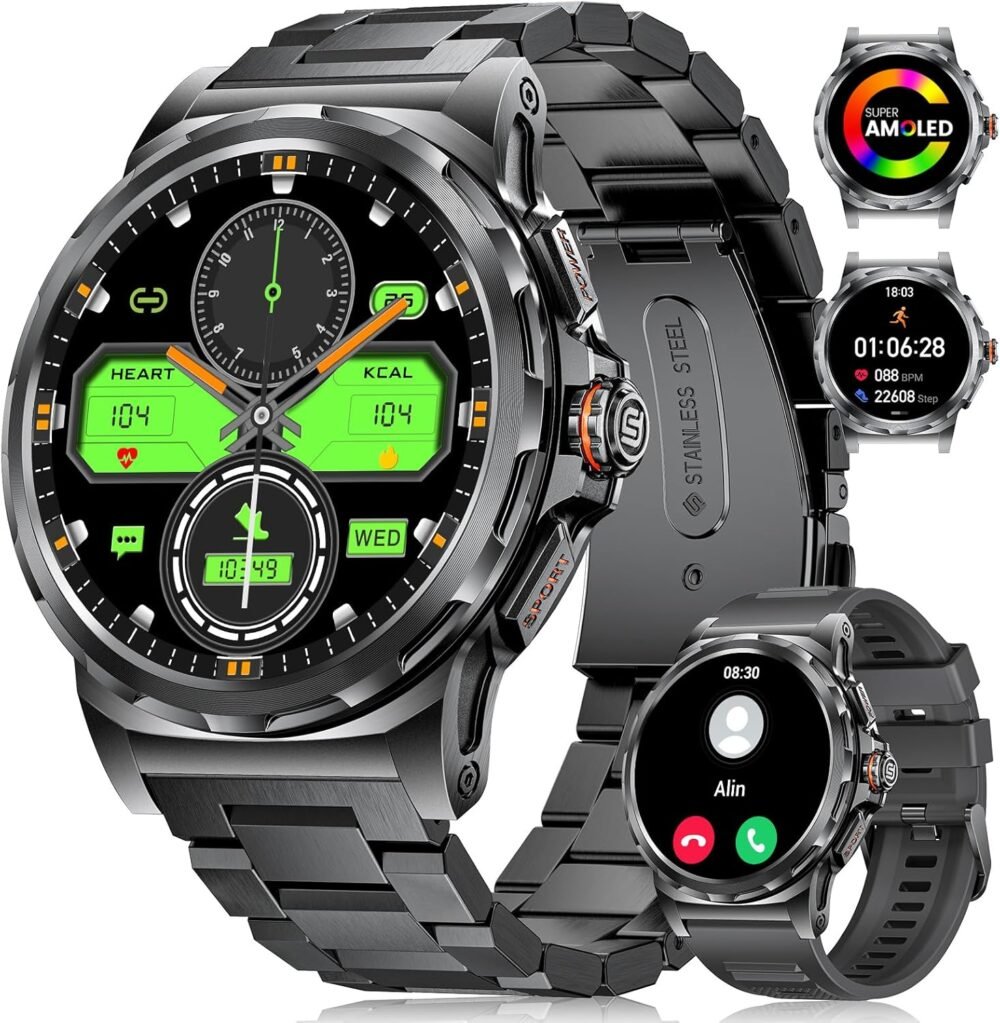 Military Smart Watch for Men(Answer/Dial Calls),1.46'' AMOLED Touchscreen/5ATM Waterproof/120+ Sports Modes Fitness Watch with Blood Pressure/Heart Rate/SpO2/Pedometer for Android iOS Smartwatch Black - Image 2