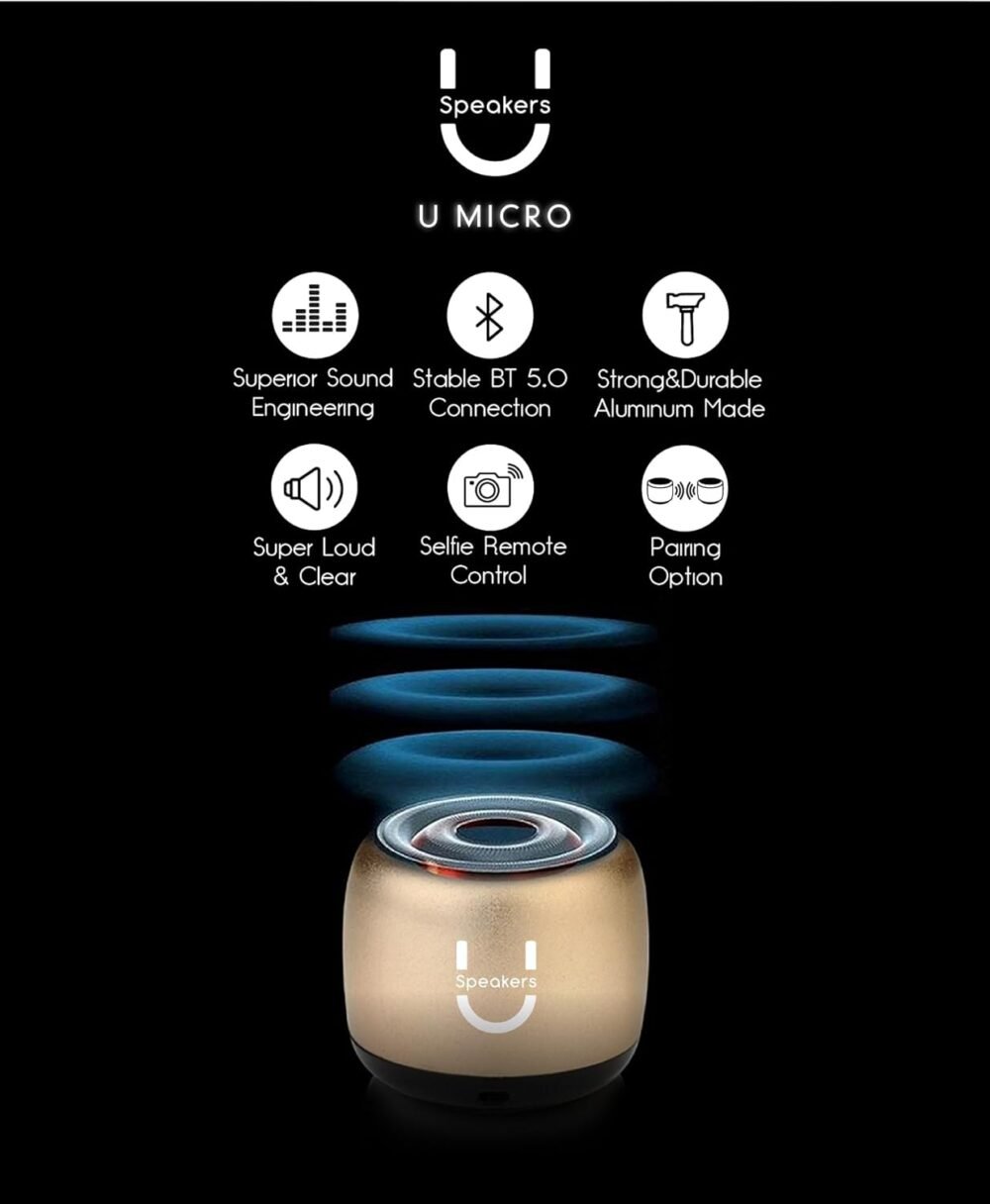 U Micro Speaker | Stylish Portable Wireless Bluetooth 5.0 with Built-in Mic & Remote Shutter | Perfect Little Speaker for Home, Parties, Travel! Small Device, Rich Sound | Gold - Image 2